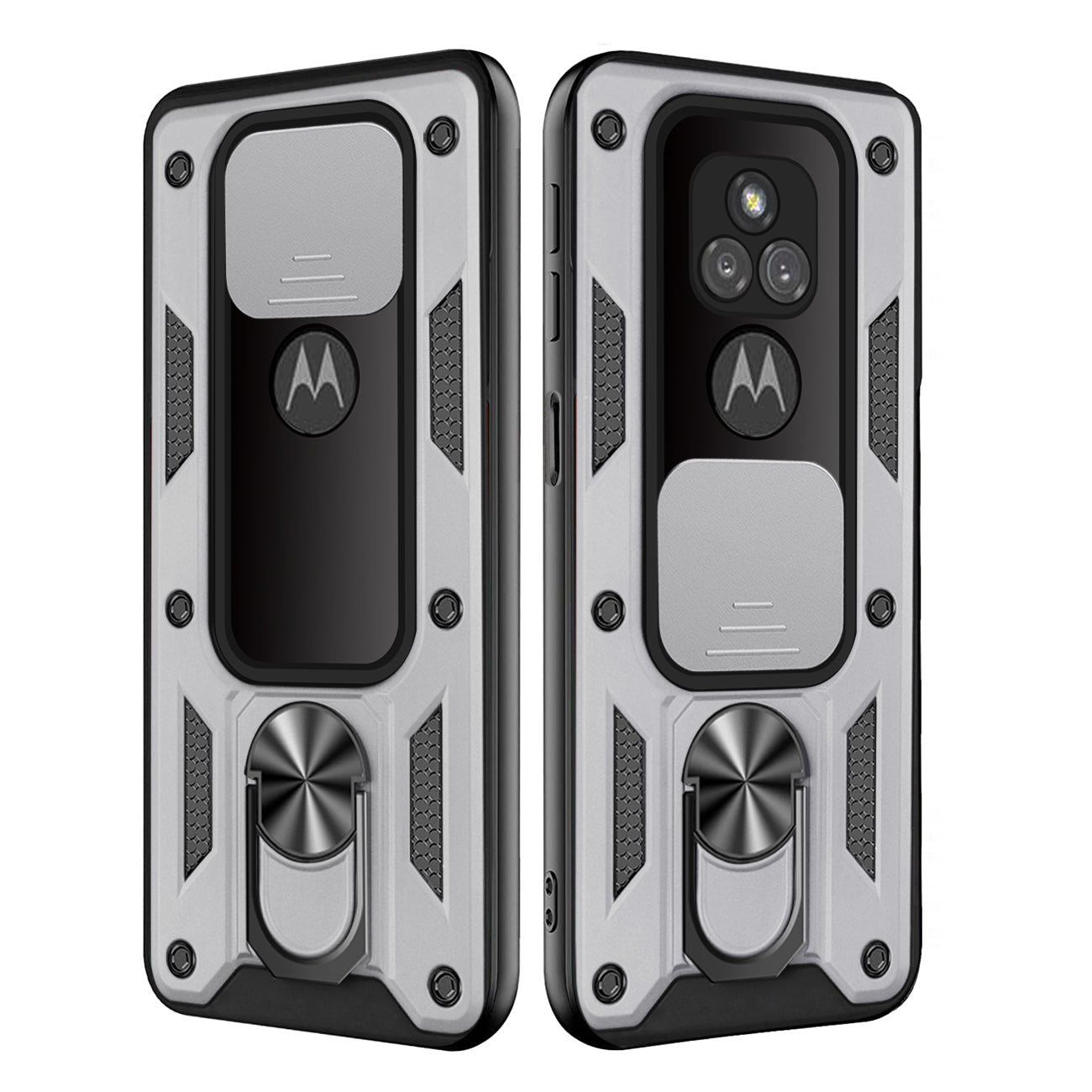 Kickstand Ring Holder with Slide Camera Cover TPU Shockproof Case and Magnetic Car Mount for MOTOROLA G PLAY In Silver In Silver